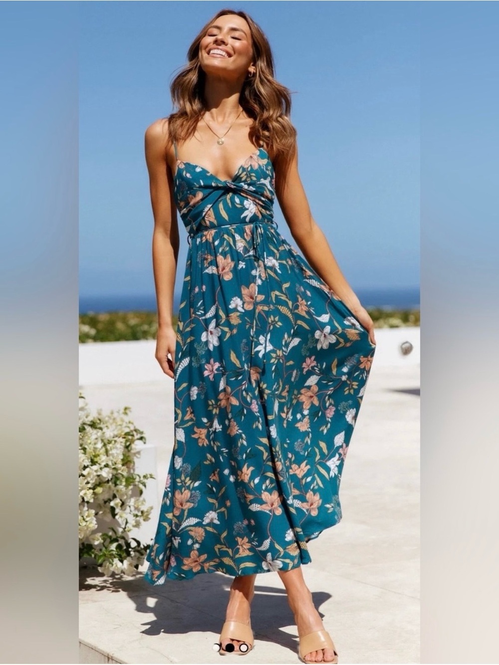 Hello Molly Teal Floral Twist-Front Maxi Dress